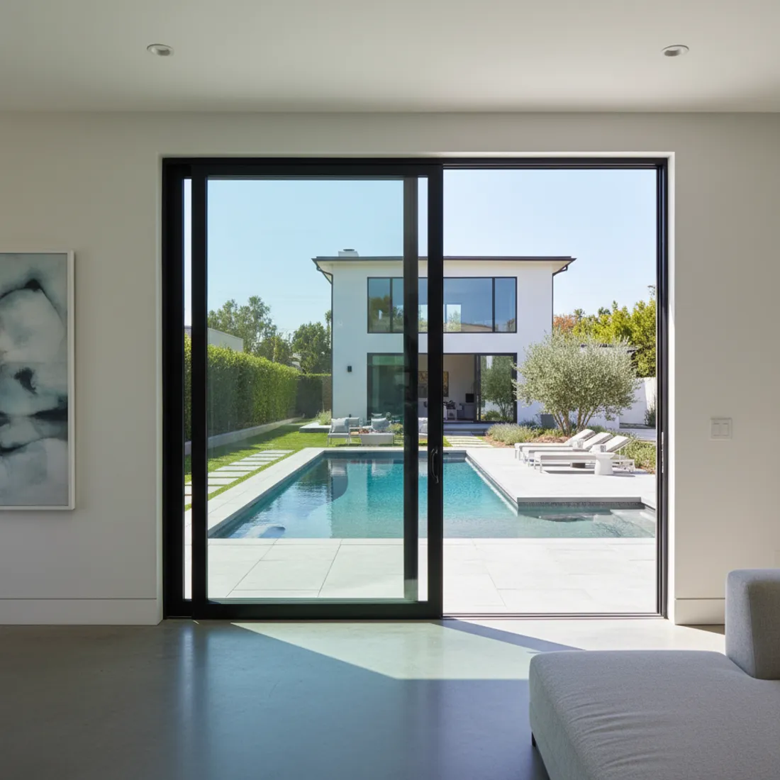 Modern sliding patio door to a backyard