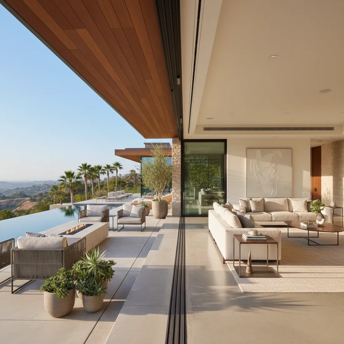 Open moving glass wall connecting living room to patio