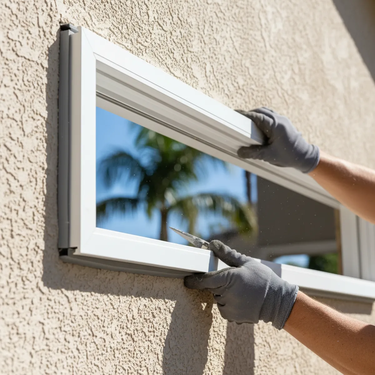 Installer fitting a new vinyl window frame with precision