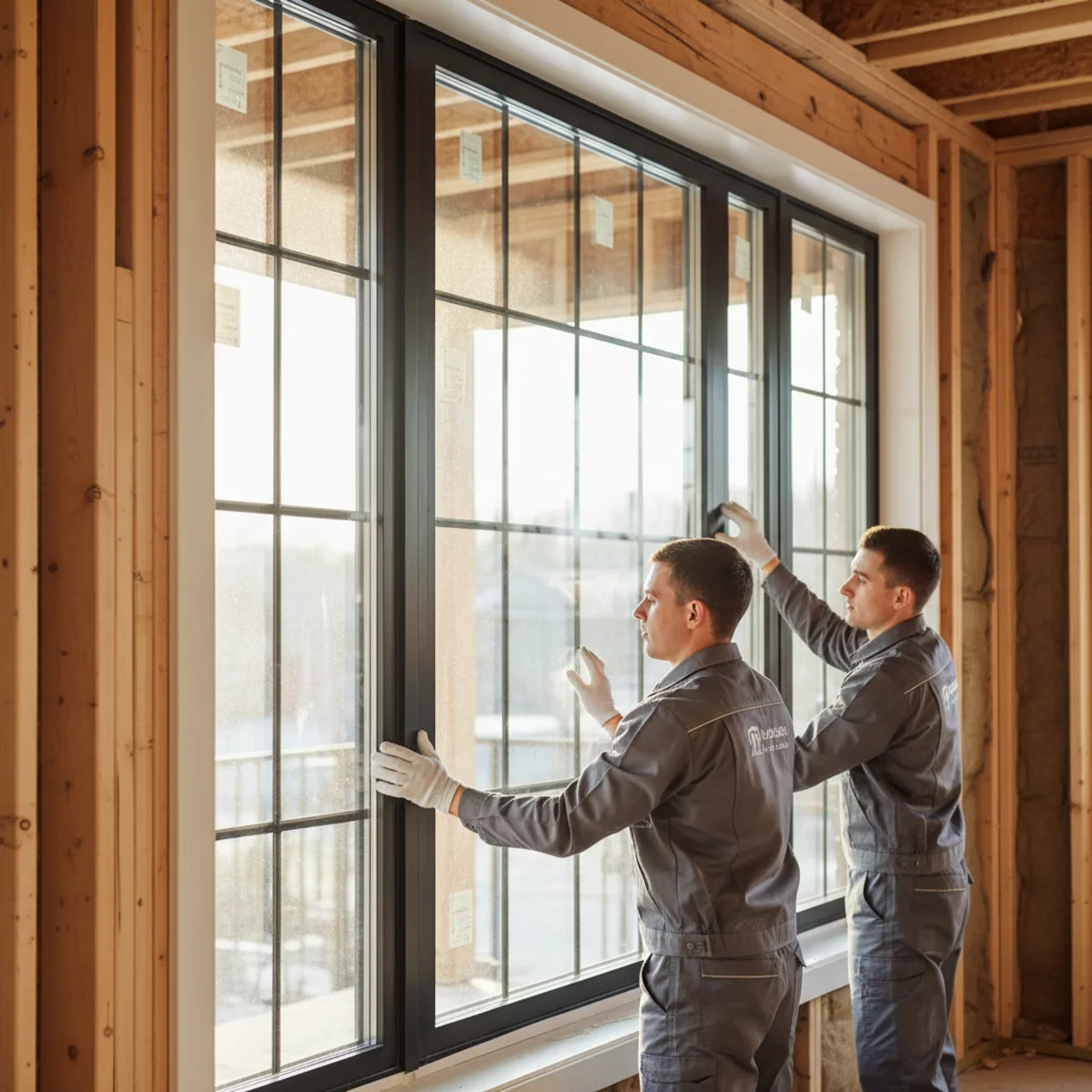 Installers fitting a new window into a California home