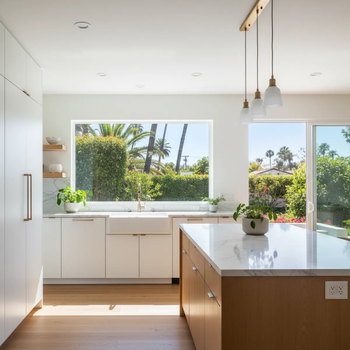 Bright California kitchen with large picture window and sliding door