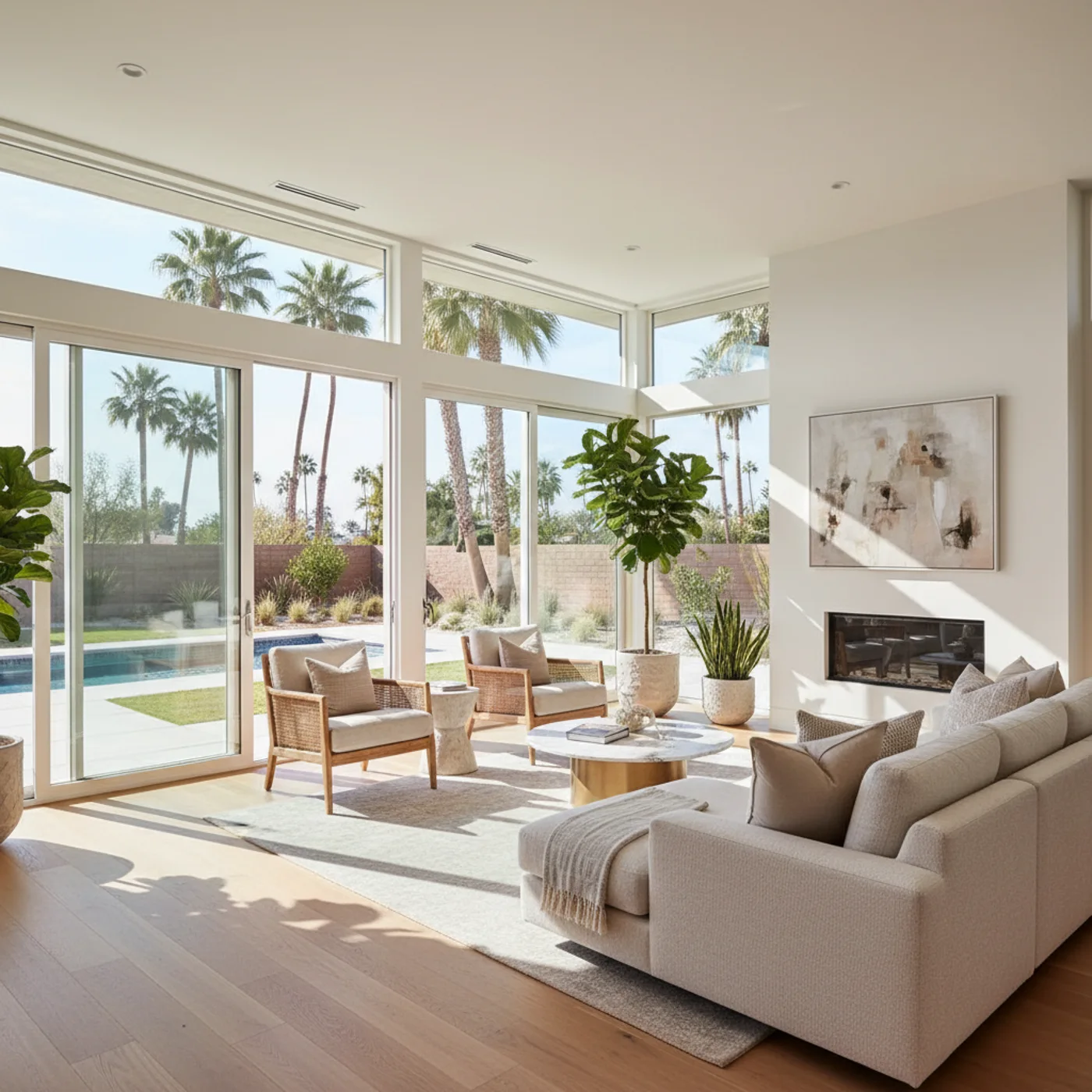 Sunlit modern living room with large windows