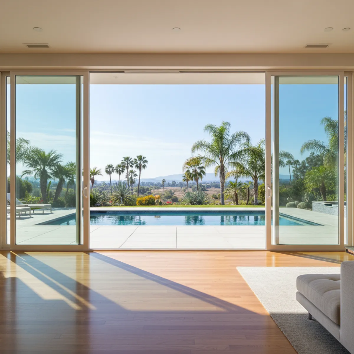 Large sliding glass patio door opening to a sunny California backyard