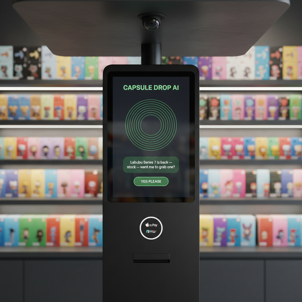 CAPSULE DROP AI Kiosk — 24 inch touchscreen NFC reader fisheye camera above