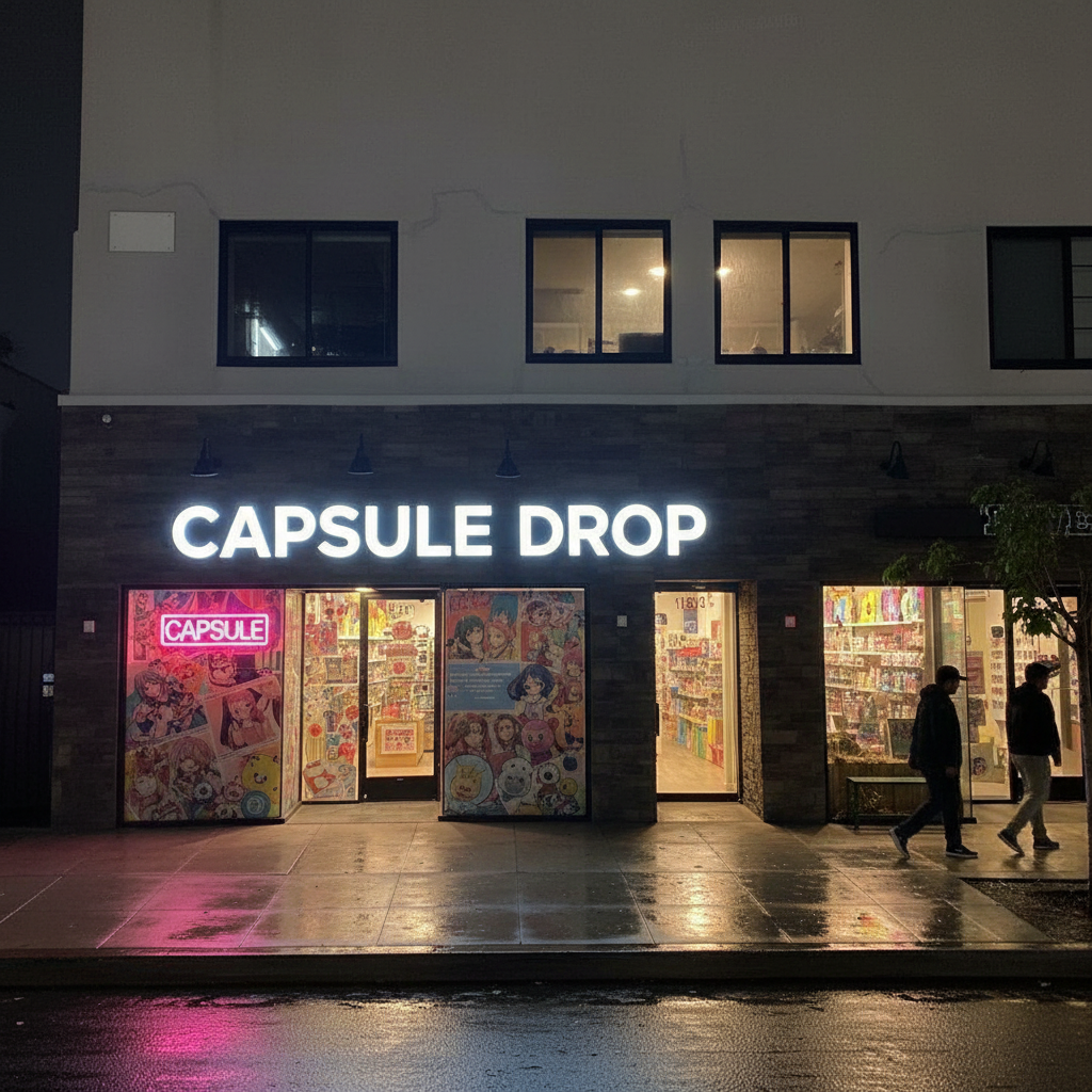 CAPSULE DROP — Night Exterior · Neon lit · Channel letters glowing