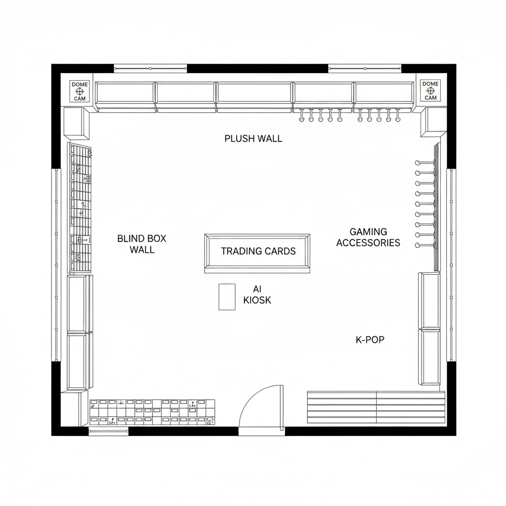 CAPSULE DROP Floor Plan — Blind Box Wall · Plush Wall · Trading Cards · K-Pop · Gaming Accessories