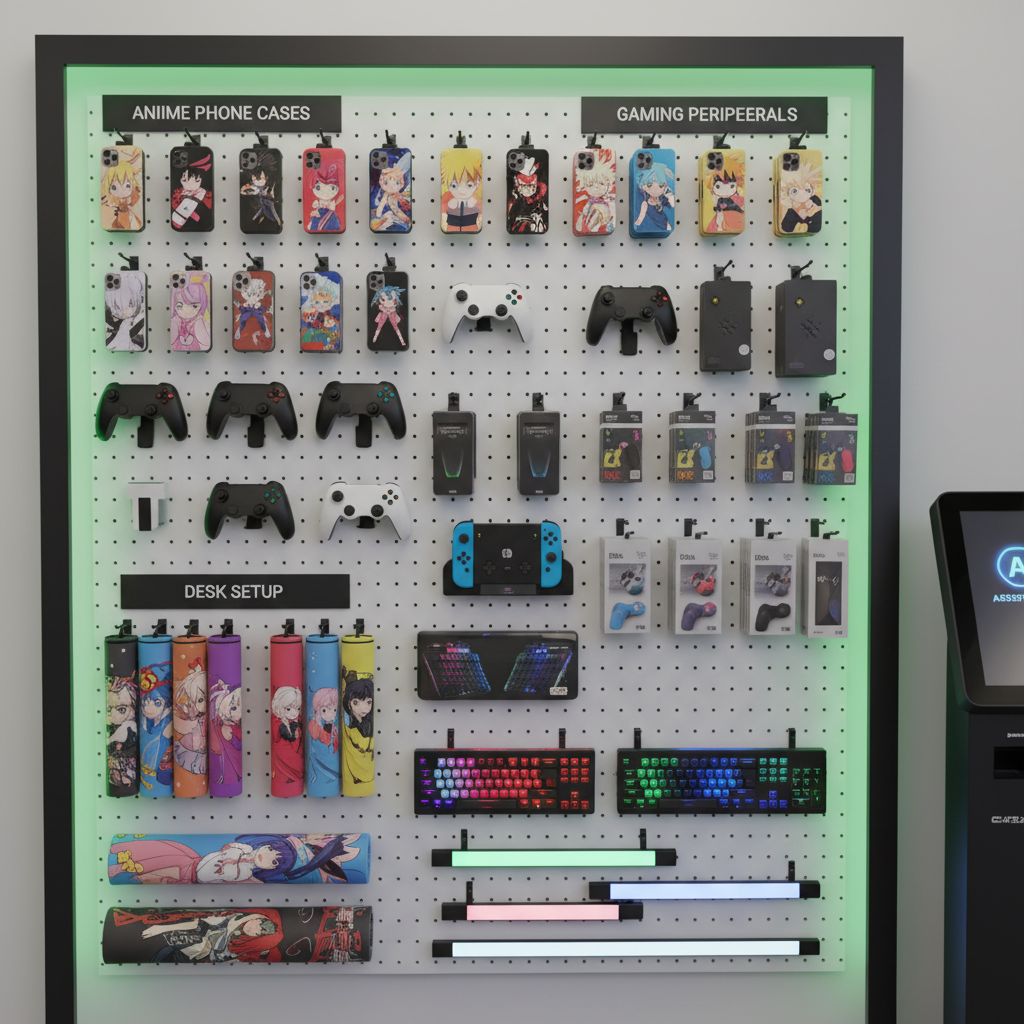 Gaming Accessories Wall — controllers, Switch gear, anime phone cases