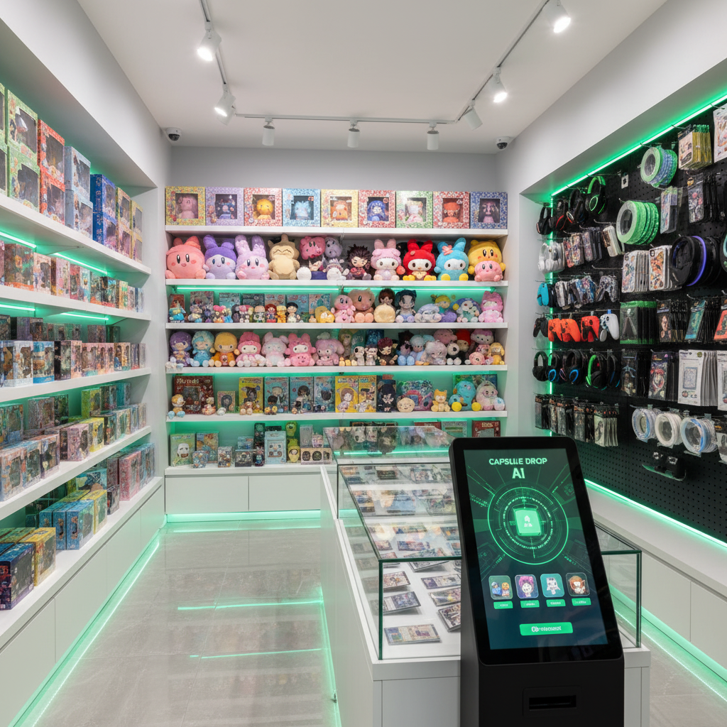 CAPSULE DROP Full Interior — All 5 zones visible with AI kiosk and security cameras