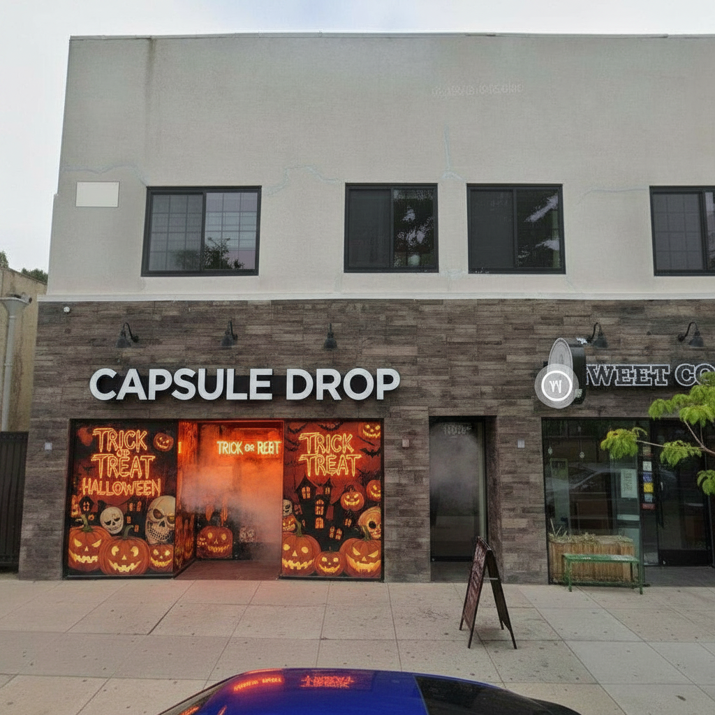Halloween Pop-Up — Exterior window takeover, orange neon, CAPSULE DROP sign unchanged