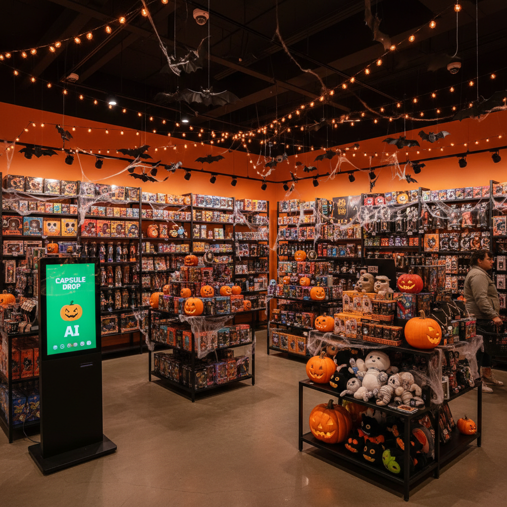 Halloween Pop-Up — Interior dressed with spooky decor, orange lighting, horror collectibles