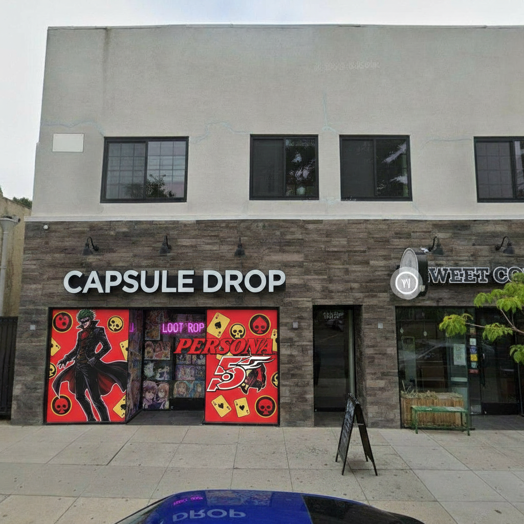 Persona 5 Pop-Up — Exterior window takeover with official Persona 5 logo and Joker art, CAPSULE DROP sign unchanged