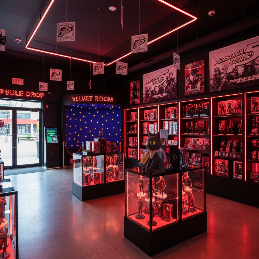 Persona 5 Pop-Up — Interior with red and black Persona 5 decor, Joker figures, Morgana plush