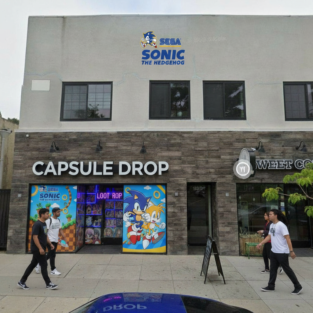 Sonic x SEGA Pop-Up — Exterior window takeover with official Sonic logo, blue yellow vinyl, CAPSULE DROP sign unchanged