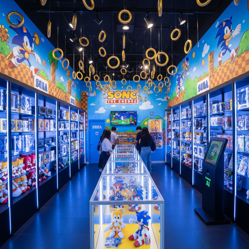 Sonic x SEGA Pop-Up — Interior with blue yellow Sonic decor, figures, SEGA gaming wall